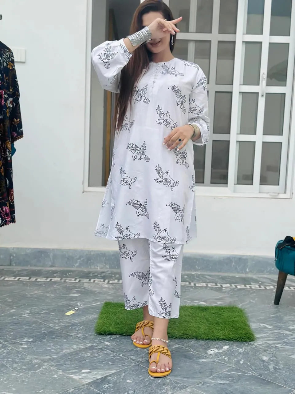 Minahal Arts Clothing Dress for Women Block Print sparrow design 2pcs Linen Suit stich
