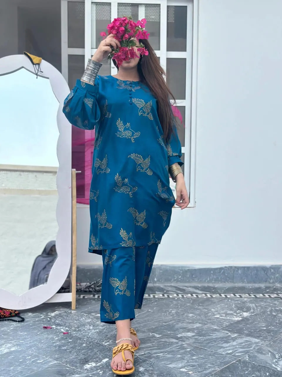 Minahal Arts Clothing Dress for Women Block Print sparrow design 2pcs Linen Suit stich