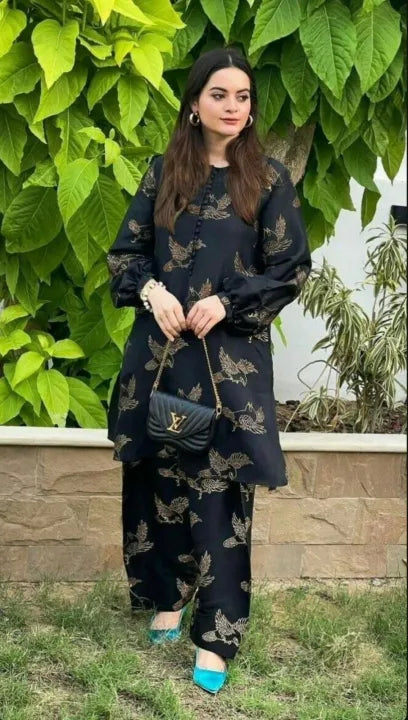 Minahal Arts Clothing Dress for Women Block Print sparrow design 2pcs Linen Suit stich